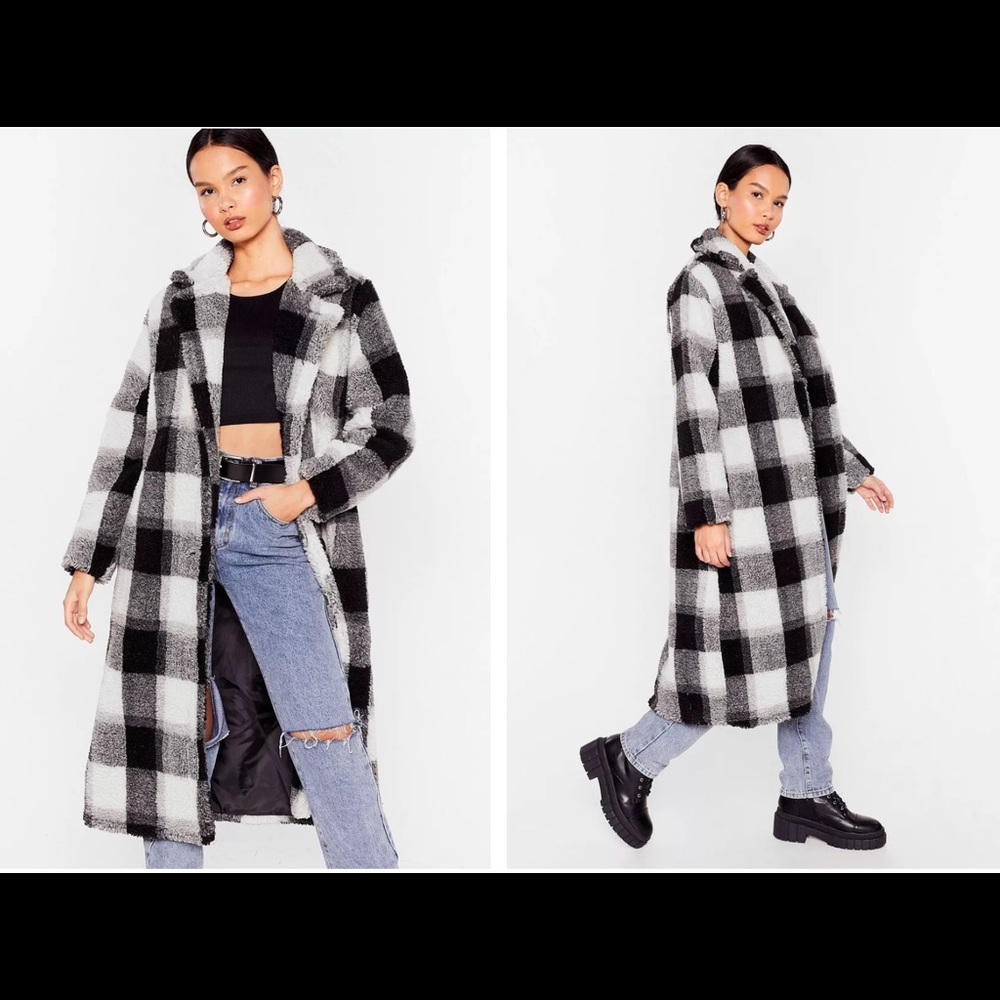 Nasty Gal Check Faux Fur Longline Coat